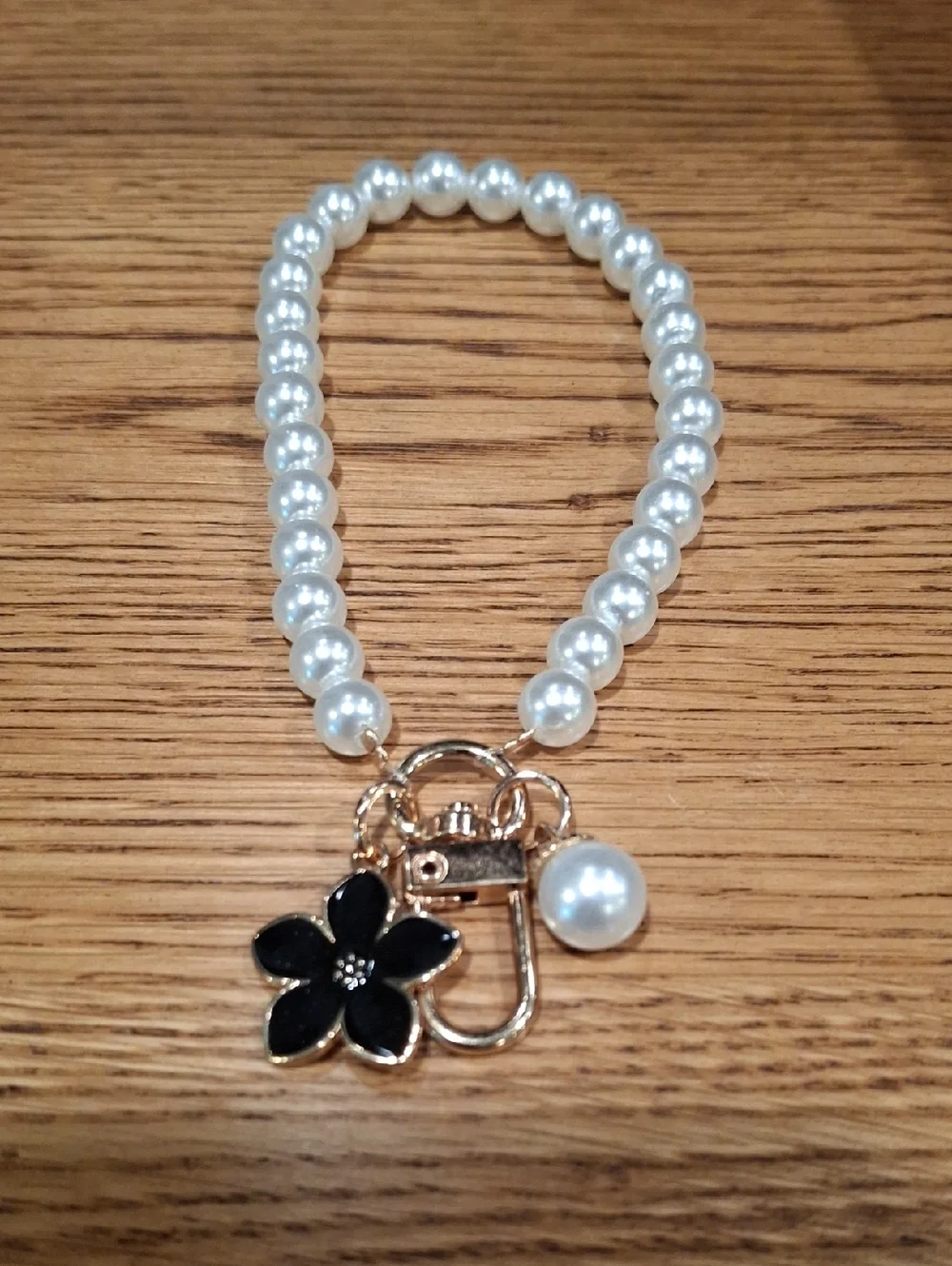 Pearl Beaded Keychain/Bag Charm with Black Flower